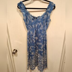 Elie Tahari Women's Blue & White Floral Silk Babydoll Midi Dress Sz 0 Romantic